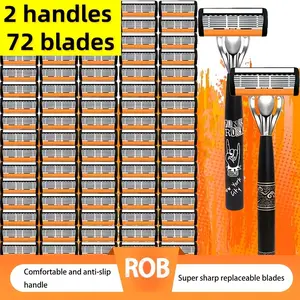 2026 New Men's Razor, 2 Handles, 72 Blades, Lubricating Strip, Heavy Metal Non-Slip Handle, Ideal for Beards, Facial Hair, Perfect Gift
