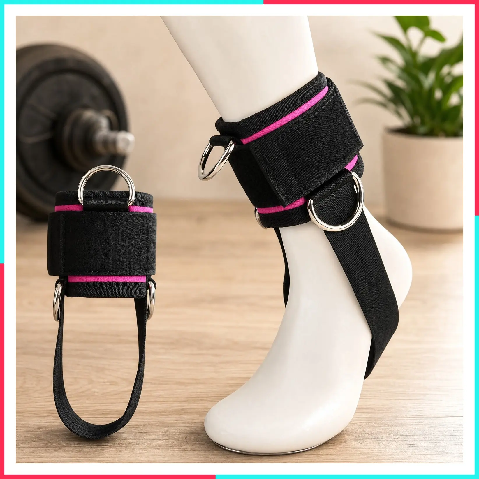 Kickback Ankle Straps Padded Ankle Cuffs for Cable Machine, Strong Hook and Loop, Reinforced 3 D-Ring, Adjustable Neoprene Comfort Fit - Enhance Abs, Glute & Leg Workouts