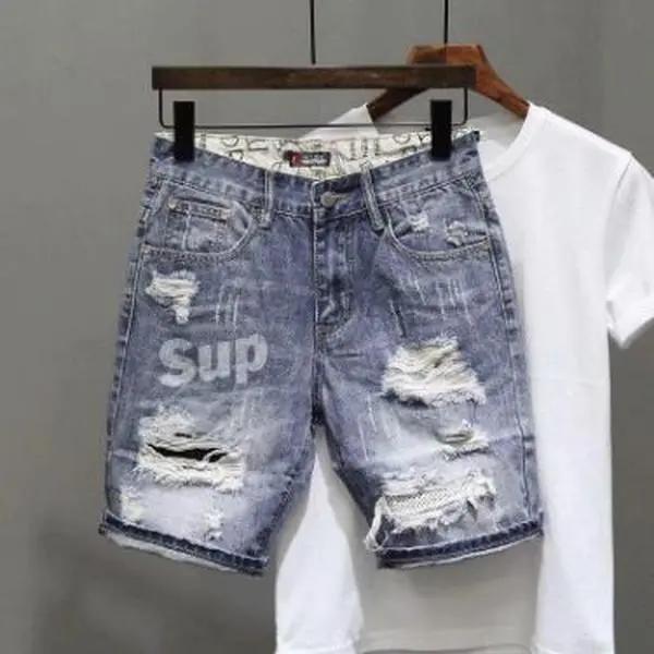Men's Ripped Denim Shorts for Summer - Personality print versatile cropped pants in cotton fabric, casual street style ee blue Korean Loose Original Streetwear Design