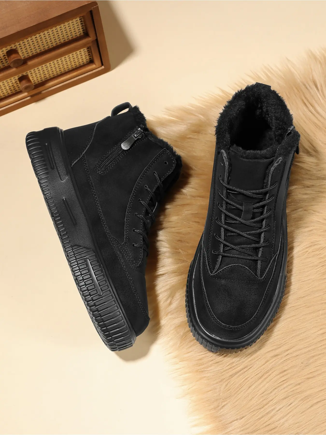 Women's Winter Fleece Lined High‑Top Sneaker Boots, Thick Platform Height‑Increasing Side Zipper Warm Black Casual Snow Boots, Versatile Daily Wear