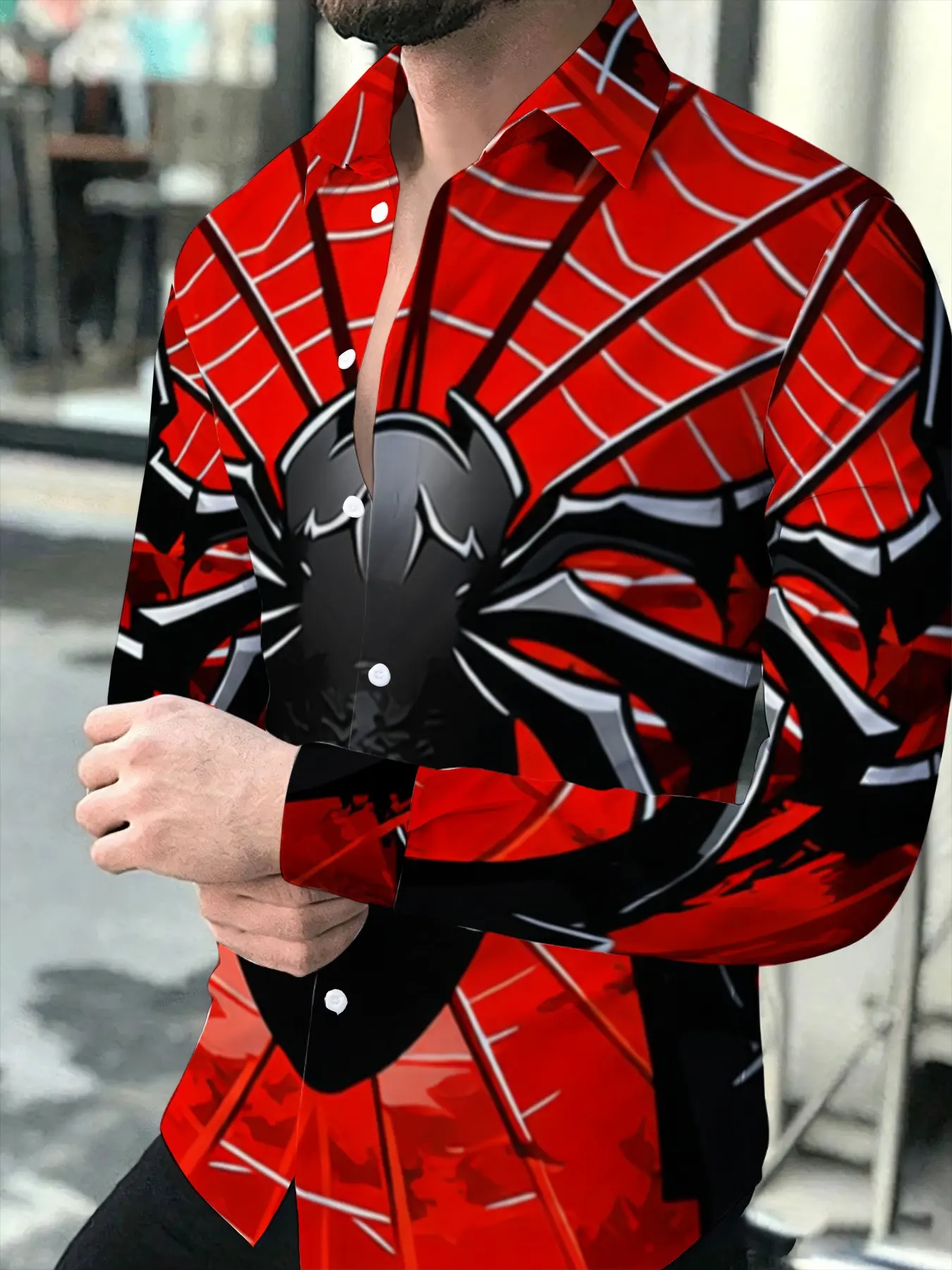 Men's Fashion Spider-Themed Long Sleeve Shirt, Red and Black Color Block Stylish Lapel Cardigan Top, Trendy Outfit for Daily Casual and Party Occasions, Printed Party Activewear for Everyday Wear
