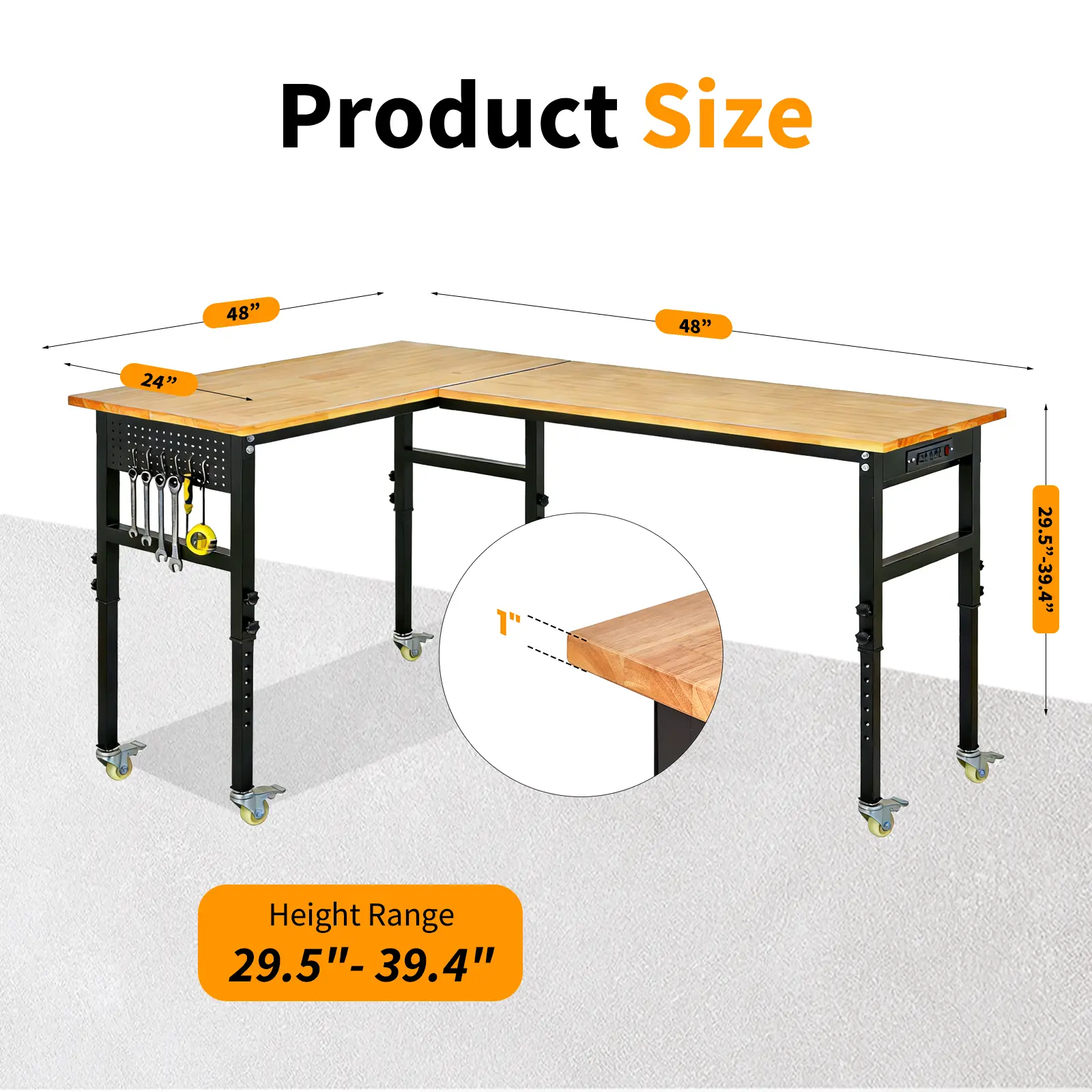 2000LBS Heavy Duty L-Shaped Workbench, Adjustable Height Mobile Garage Tool Table with Locking Casters, Built-in Power Outlet & Pegboard for Workshop, DIY and Home