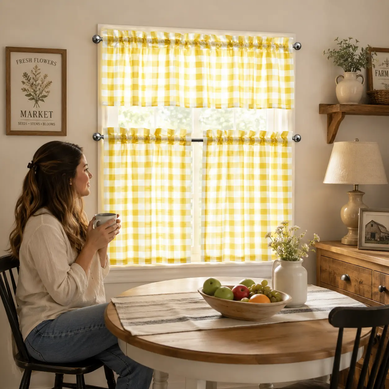 SoftHaven 3-Piece Plaid Semi-Sheer Short Curtains - Rod Pocket Top, Farmhouse Rustic Style, Coffee Color, Polyester Fiber, Made in USA, Festive Vibe, Kitchen Accessories, for Kitchen & Laundry Room Partition Decoration