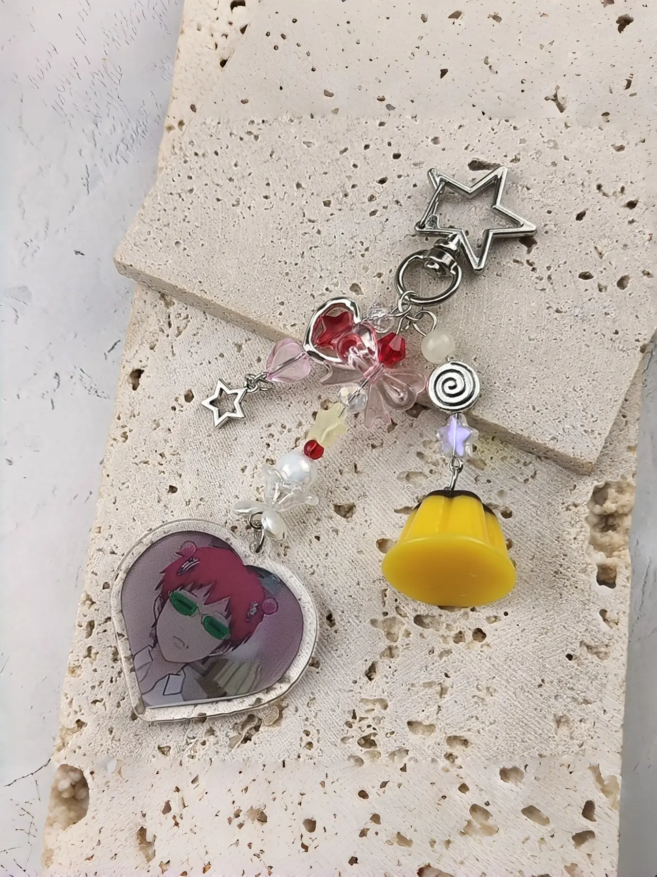 Anime Keychain with Acrylic Heart Pendant, Durable Two-Layer Coating, Pudding & Rainbow Bow, Star Lobster Clasp, Unique Gift