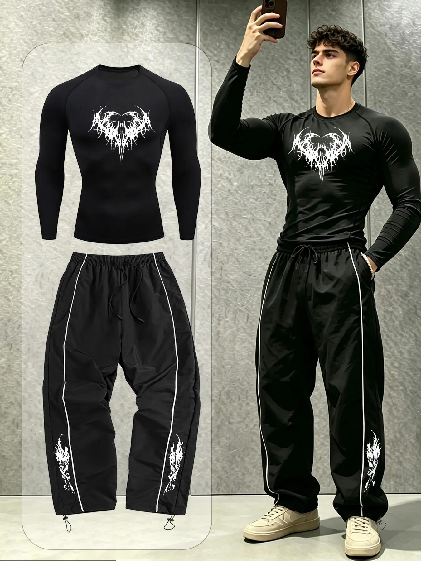 Men's Slim Fit Raglan Long Sleeve Tracksuit, Dark Thorn Heart Graphic Compression Top, Side White Stripe Drawstring Wide Leg Cuffed Pants, 2 Pieces Sportswear Outfit for Gym Workout Running Streetwear