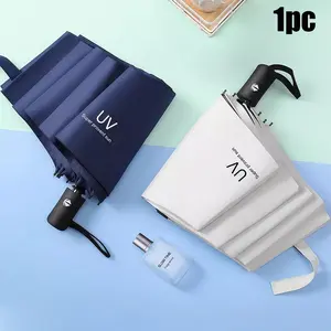 1 piece of fully automatic 8-rib black umbrella, windproof and sun-proof umbrella, reverse folding portable sunshade umbrella for single business use (fabric cover, frame color and English letter patterns are randomly matched)