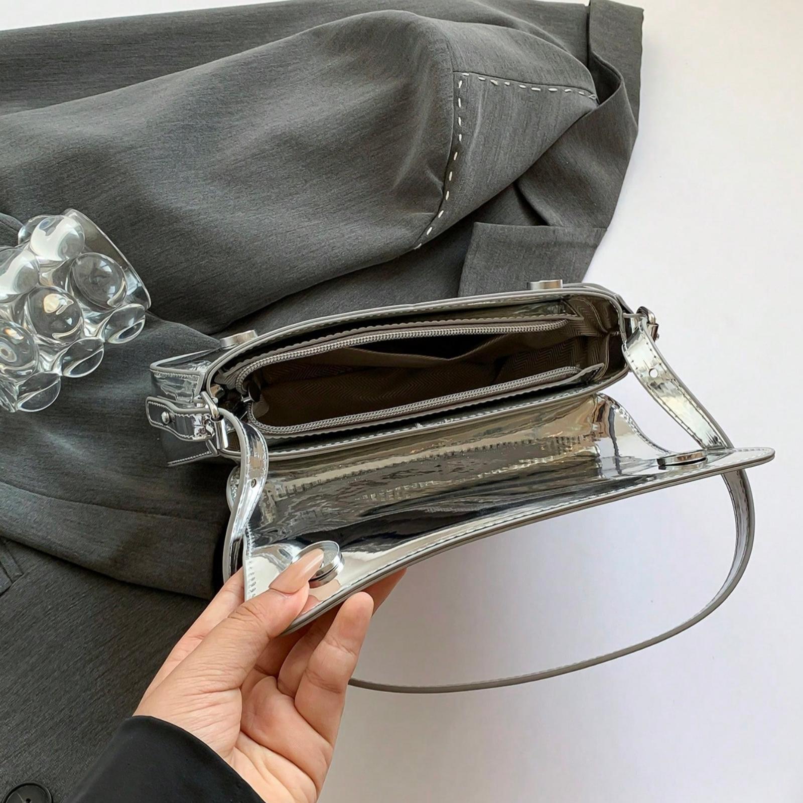 New Solid Color PU Material Shoulder Bag, Texture Luxury Style Crossbody Bright Evening Clutch Bag with  Fashionable and Unique Short Arc Design Equipped With Vest Buckle Handbag Work Bag Dinner Bag Handbag Suitable for Woman