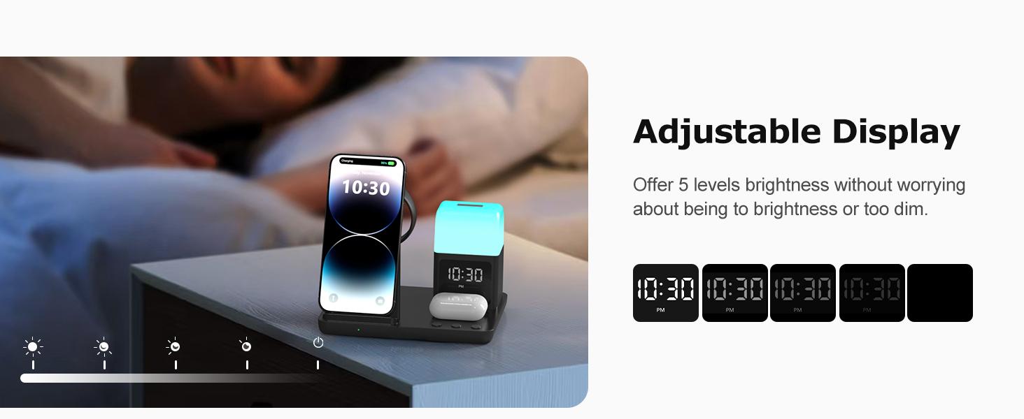 Wireless Charging Station Alarm Clock with 8 Touch Night Lights: 5 in 1 Charger Stand for Apple Devices - Charging Dock for iPhone 17 16 15 14 13 12 Pro Max Plus/Apple Watch/AirPods, Dimmable