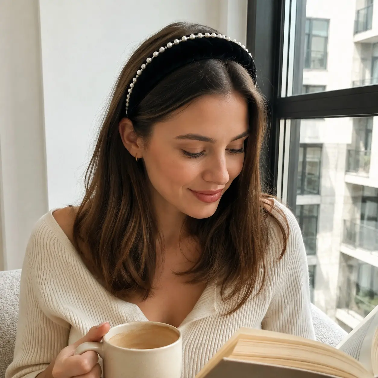 Women's Velvet Pearl Padded Headband, Anti-Slip Toothed Wide Hair Band, Ideal for Work, Dinner & Everyday Styling