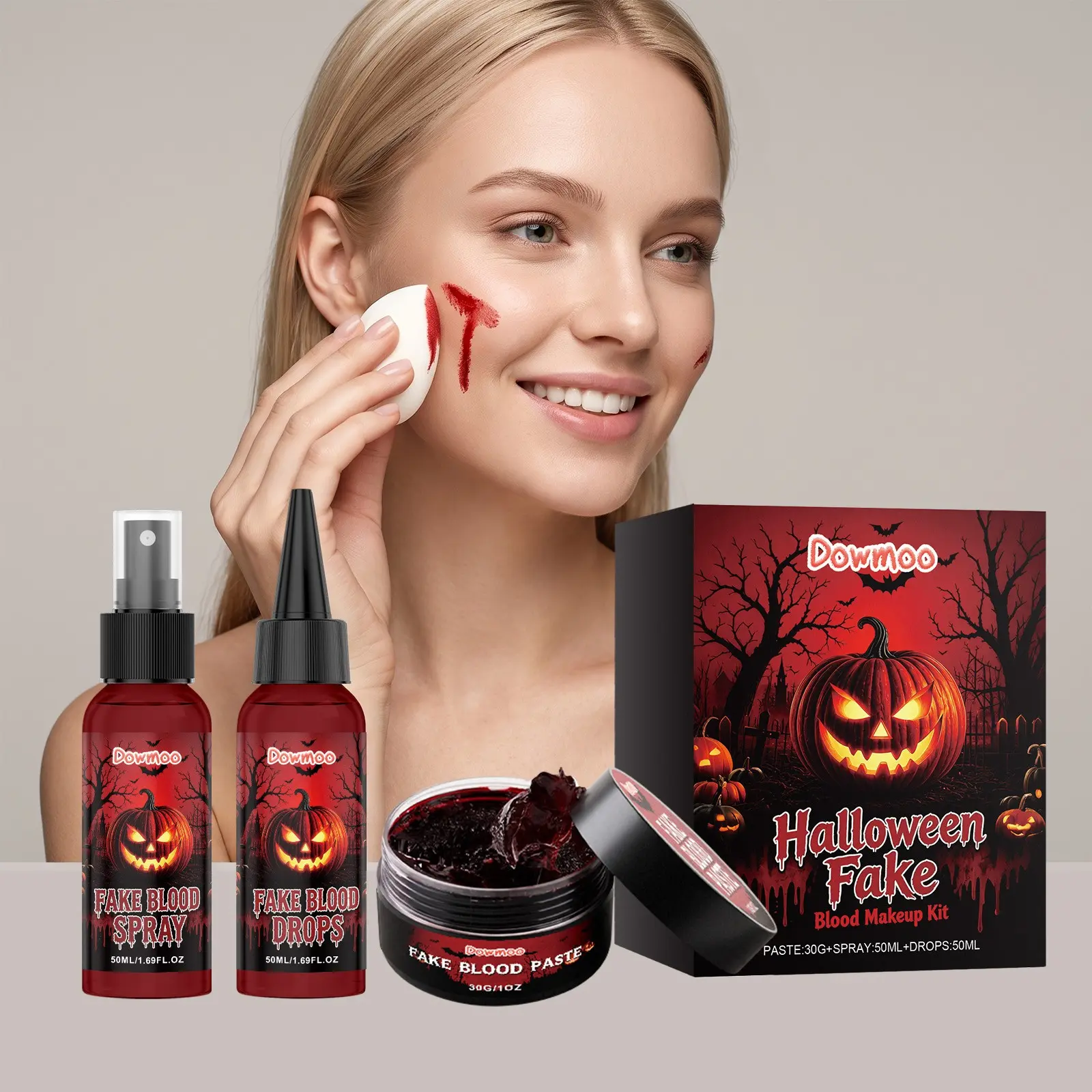 Halloween Fake Blood Makeup Kit, Vampire Horror SFX Makeup Set with Blood Spray, Drops & Paste, Realistic Special Effects Costume Accessories for Halloween Party