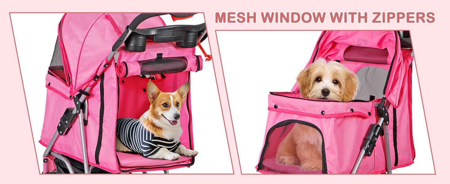 Foldable Pet Stroller for Cats and Dogs 3 Wheels Carrier Strolling Cart with Weather Cover, Storage Basket + Cup Holder (Pink)
