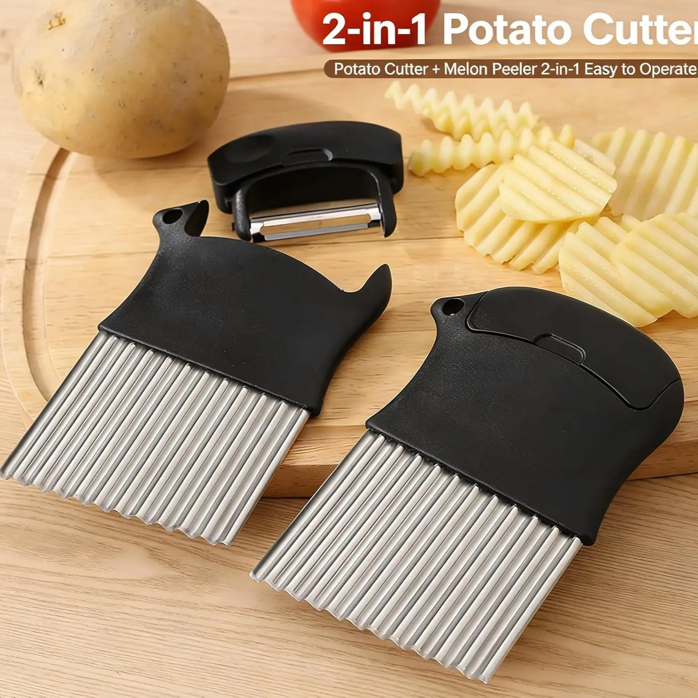 Multi-Functional Two-In-One Potato Cutter, 430 Stainless Steel Wave French Fries Cutter with Peeler, Kitchen Tool for Home and Restaurant