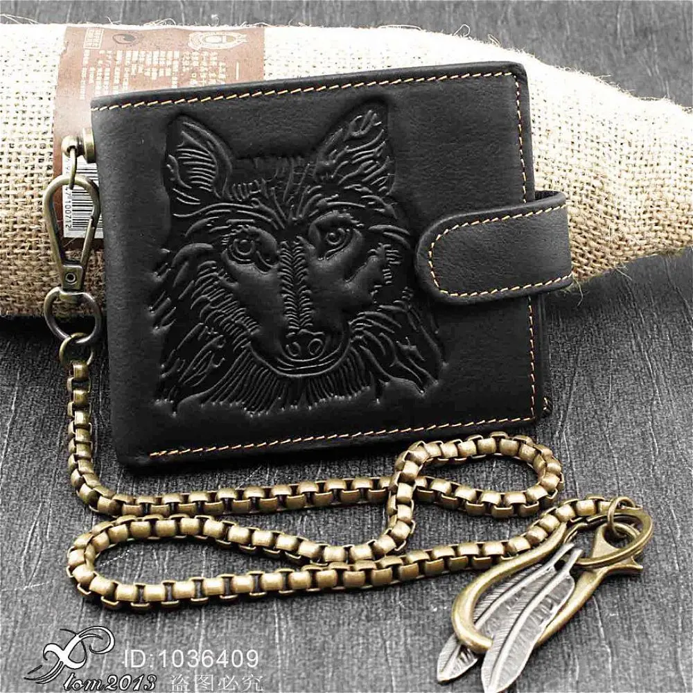 Mens Snap Leather Wallet With Coin Card Holder Wolf Design Keychain Purse