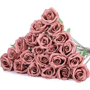 Dusty Long-Stem Artificial Velvet Rose Bouquet Flowers (12/24/48 Pcs Bulk), Realistic Decorative Ornaments for Home Room Bridal Wedding Table Centerpieces
