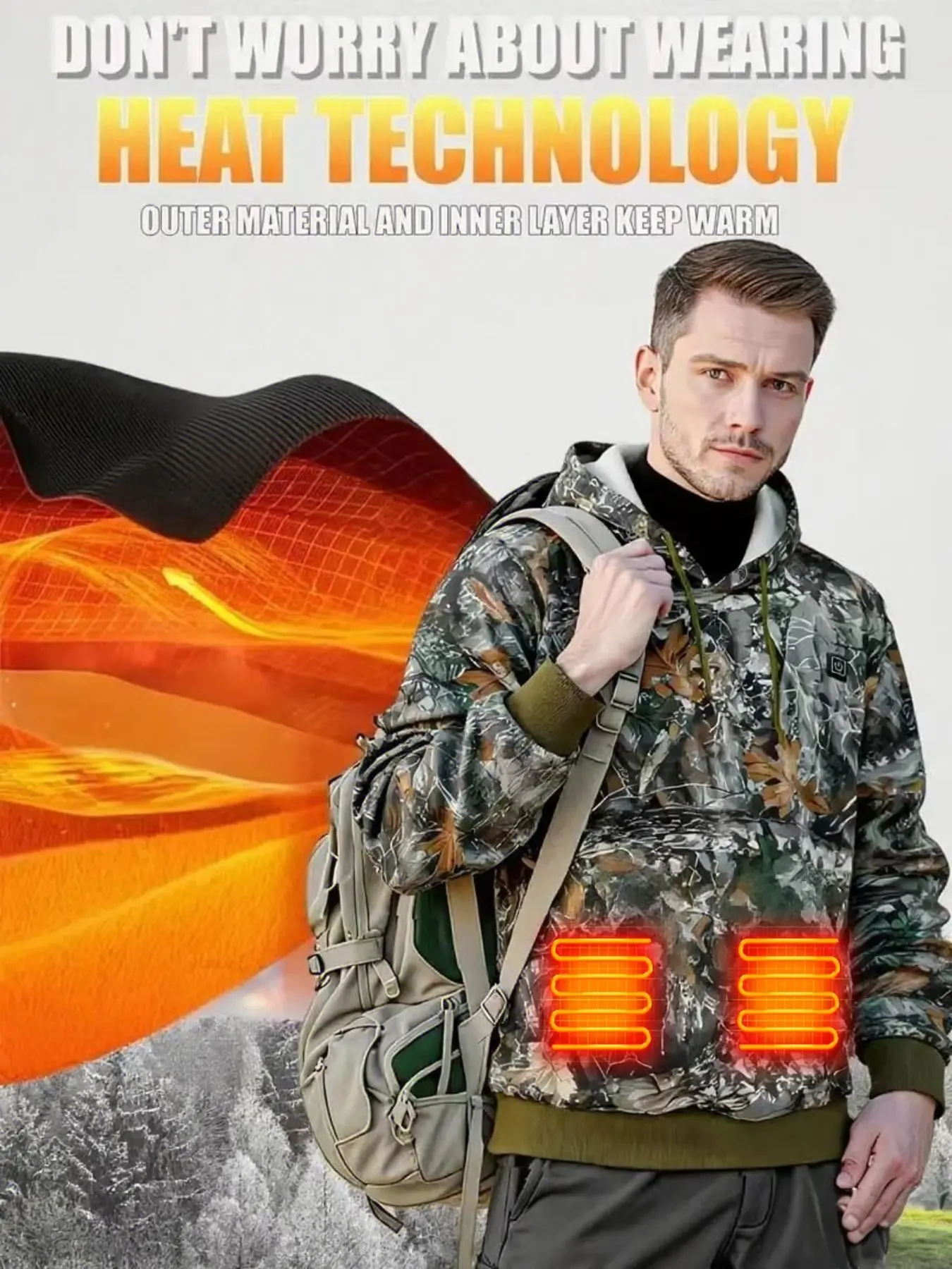 Men's Camo Hooded Sweatshirt with Adjustable Heating Function, Winter Outdoor Warm Pullover, Zipper Casual Jacket, Perfect Gift for Outdoors Enthusiasts
