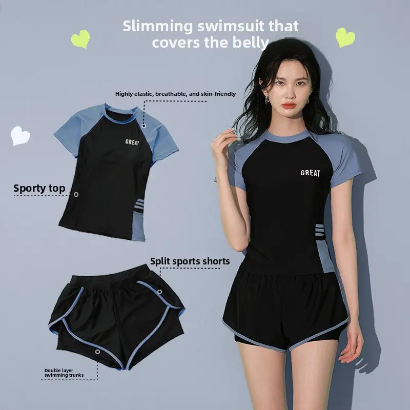Modest Short Sleeve Swimsuit for College Girls, Anti-See Through Two Piece Swim Shorts Set for Pool Hot Spring Water Park Vacation