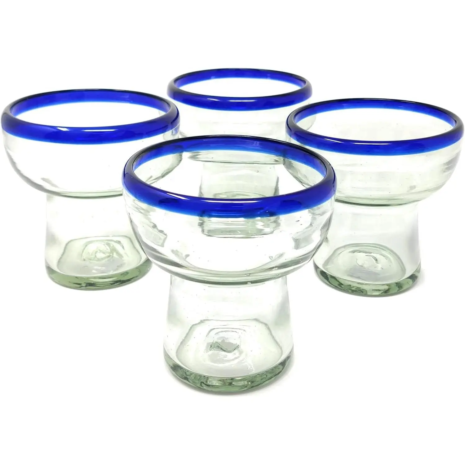 Dos Sueños Mexican Hand Blown Stemless Blue Rim Margarita Glasses, Set of 4, 14oz