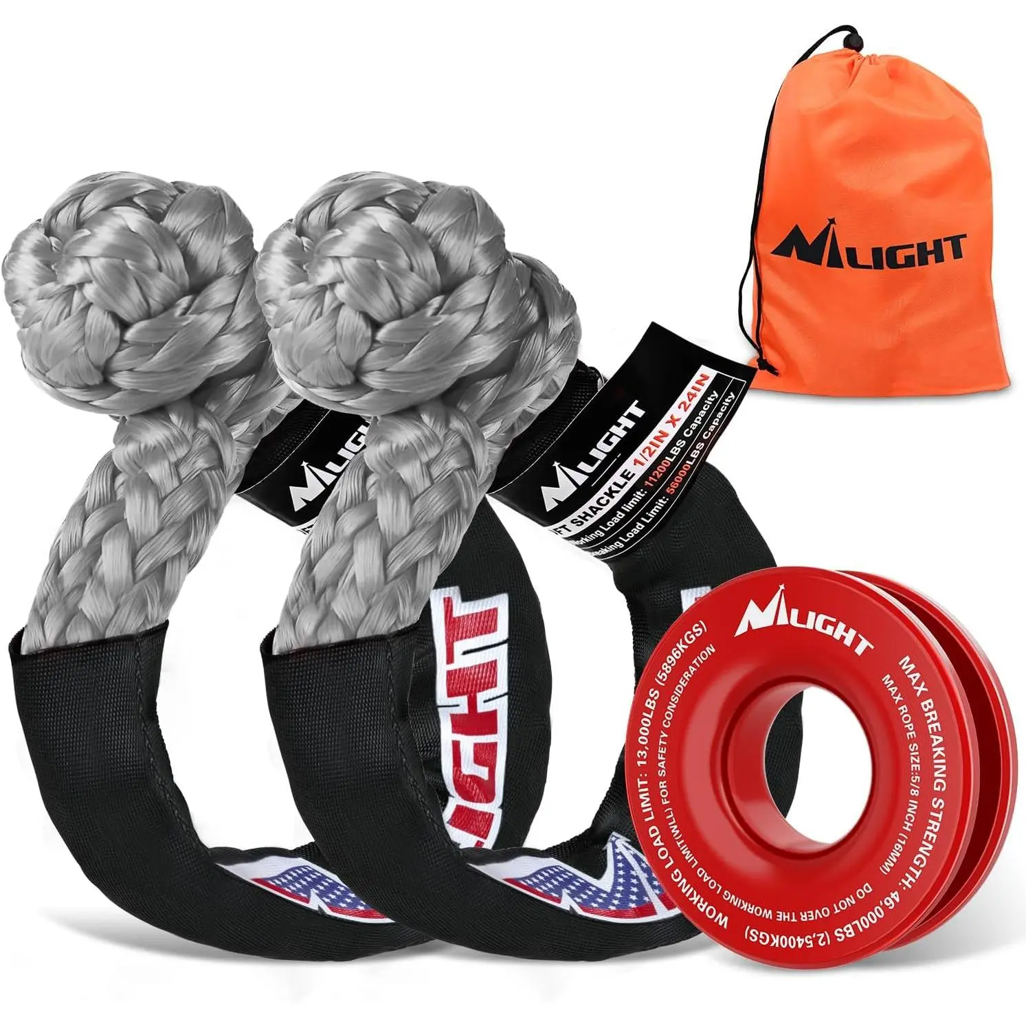 Nilight 2PCS Synthetic Soft Shackle 1/2 Inch x 24 Inch & Recovery Ring Kit - 56,000 LBS Shackle Breaking Strength with 46,000 LBS MBS Snatch Pulley for 4x4 Truck SUV ATV UTV Off-Road Vehicle Extraction (Gray)
