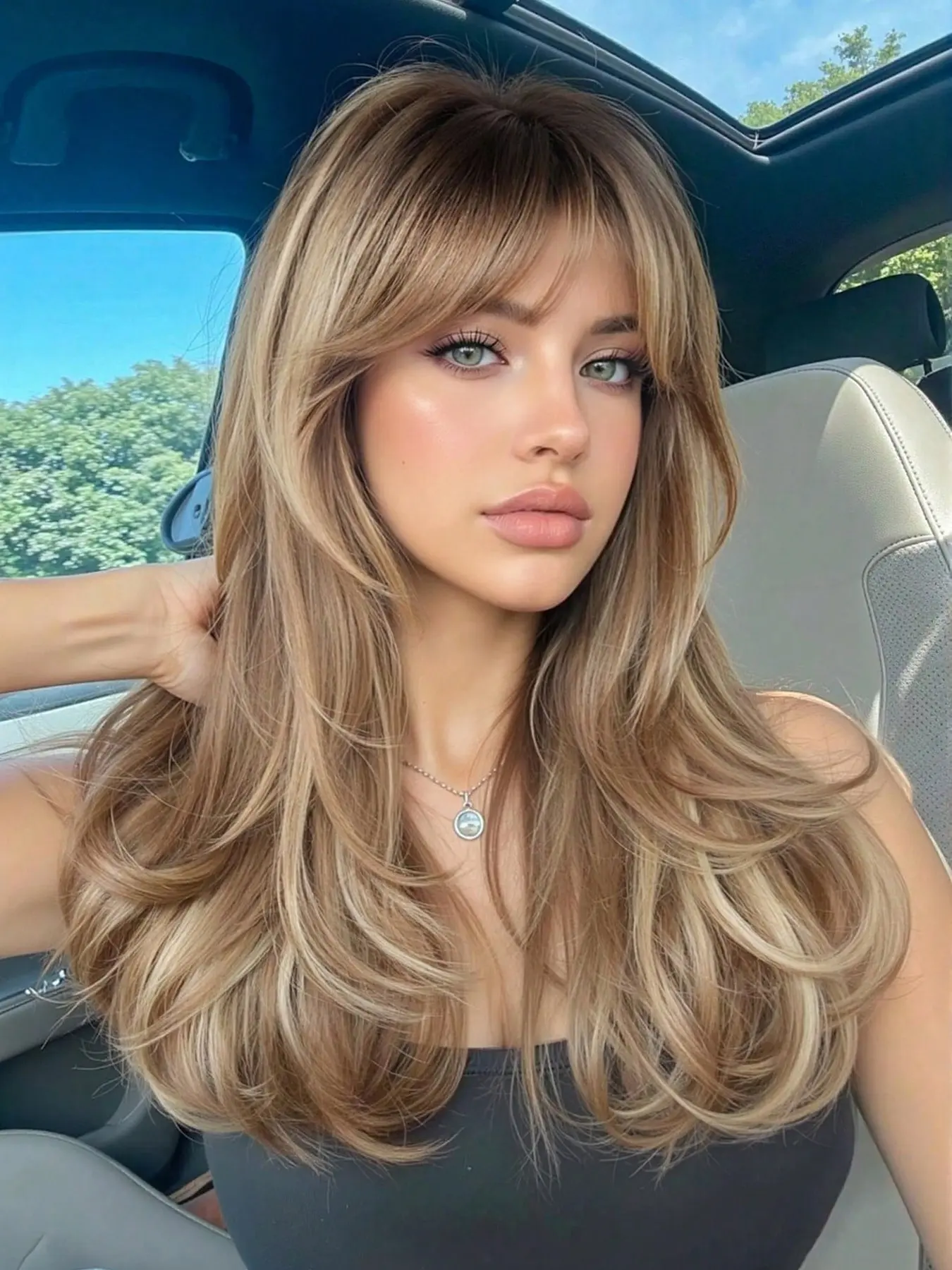 Long Wavy Wigs With Bangs Dark Roots Brown Wigs For Women Brown Ombre Hair With Blonde Wigs, Heat-Resistant Synthetic Wigs For Daily Party Cosplay Wigs Loose Wave Wigs