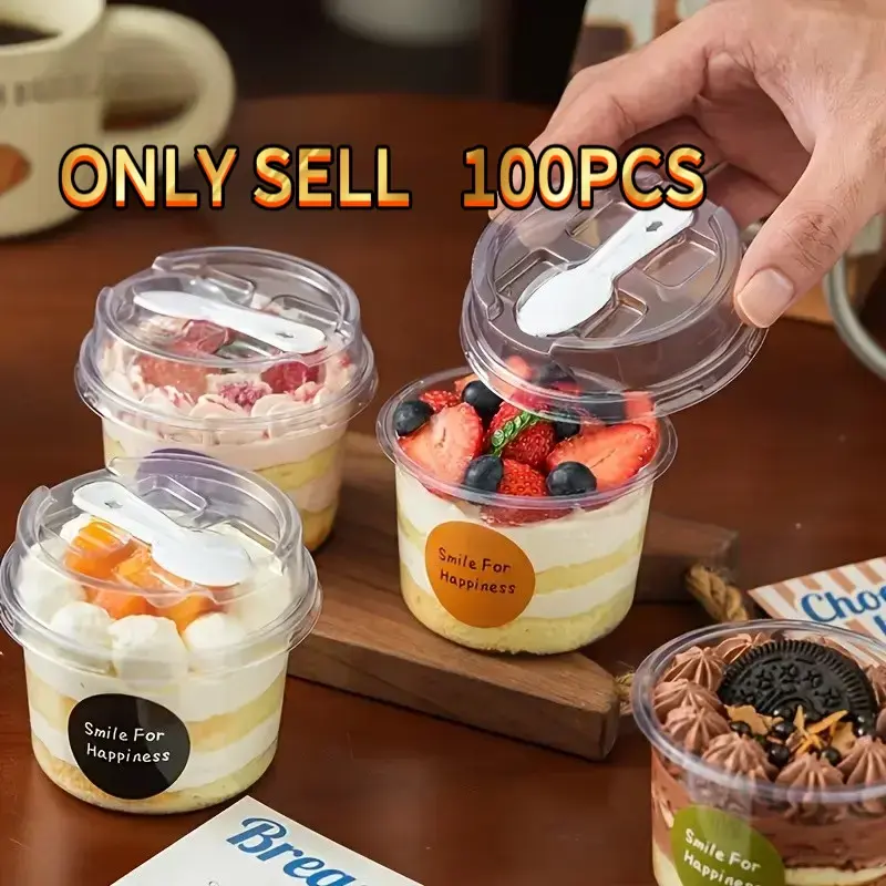 100pcs disposable round transparent plastic containers with lids, spoons optional. Food-grade boxes for cookies, fruits, ice cream, mousse cakes and yogurt packaging. Disposable Dessert Boxes