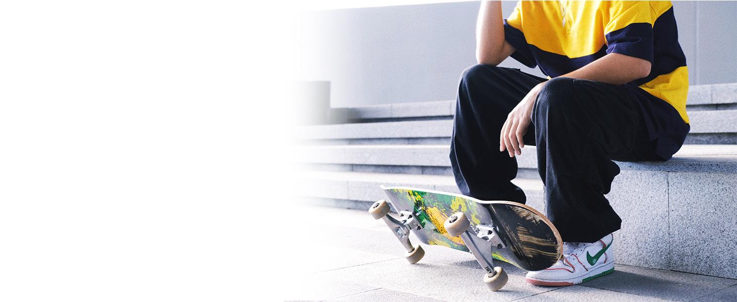 32 Inch x 8 Inch Complete Skateboard 7-Ply Maple Double Kicktail Cruiser Skateboard for Kids Teens Adults Portable Street Surf Skate Board with 51mm Wheels ABEC-5 Bearings for Tricks Park Outdoor Sports