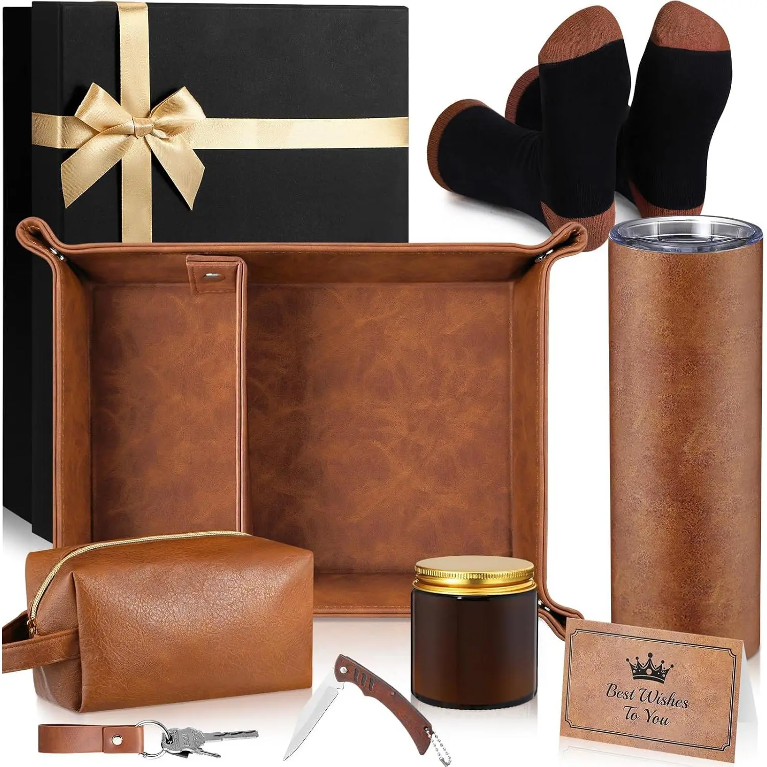 10-Piece Men's Gift Set Box with Leather Tray, Stainless Cup, Socks, Toiletry Bag, Candle - Christmas Father's Day Male Gift for Husband, Grandpa from Wife, Son, Daughter, Gifts, Father's Day Gifts