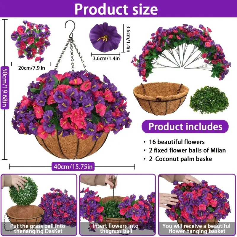 2 Sets Hanging Metal Baskets with Red Lotus & Purple Morning Glory - Fade Resistant UV-Protected Silk Blooms for Summer to Fall Porch, Patio, Balcony, Garden & Thanksgiving Decor, No Watering, All-Weather