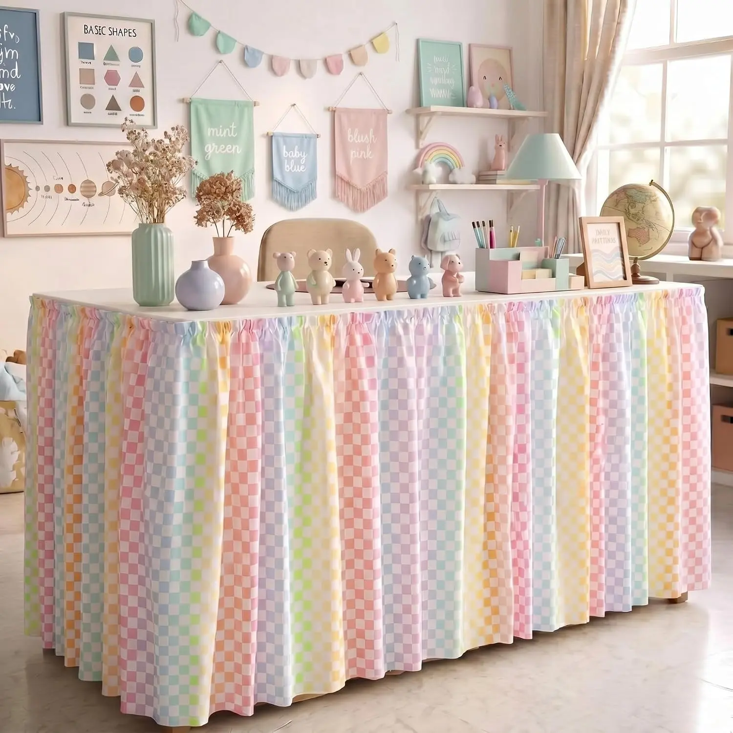 Teacher Desk Skirt Multicolor Plaid Classroom Decoration, Teacher Desk Ruffled Tablecloth, School Office Decor, Back-To-School Party Supplies