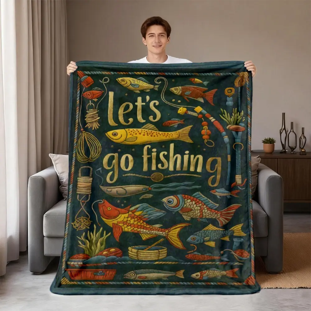 1pc Fishing Trip Design Flannel Blanket - Let'S Go Fishing Text & Fish Patterns, Soft Couch Throw, Bedspread, Or Gift for Anglers - All-Season Indoor Outdoor Use for Living Room, Camping, Or Fish