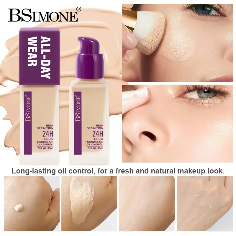 Bsimone 24hr Long-Lasting Foundation Liquid, Multi Shades, High Coverage, Waterproof, Breathable, Suitable for All Skin Types, Party Makeup
