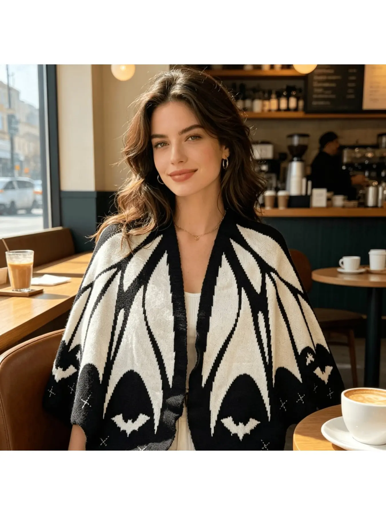 Cross-border bat black and white knitted shawl cape cardigan women's irregular Halloween shawl ghost knitted sweater coat