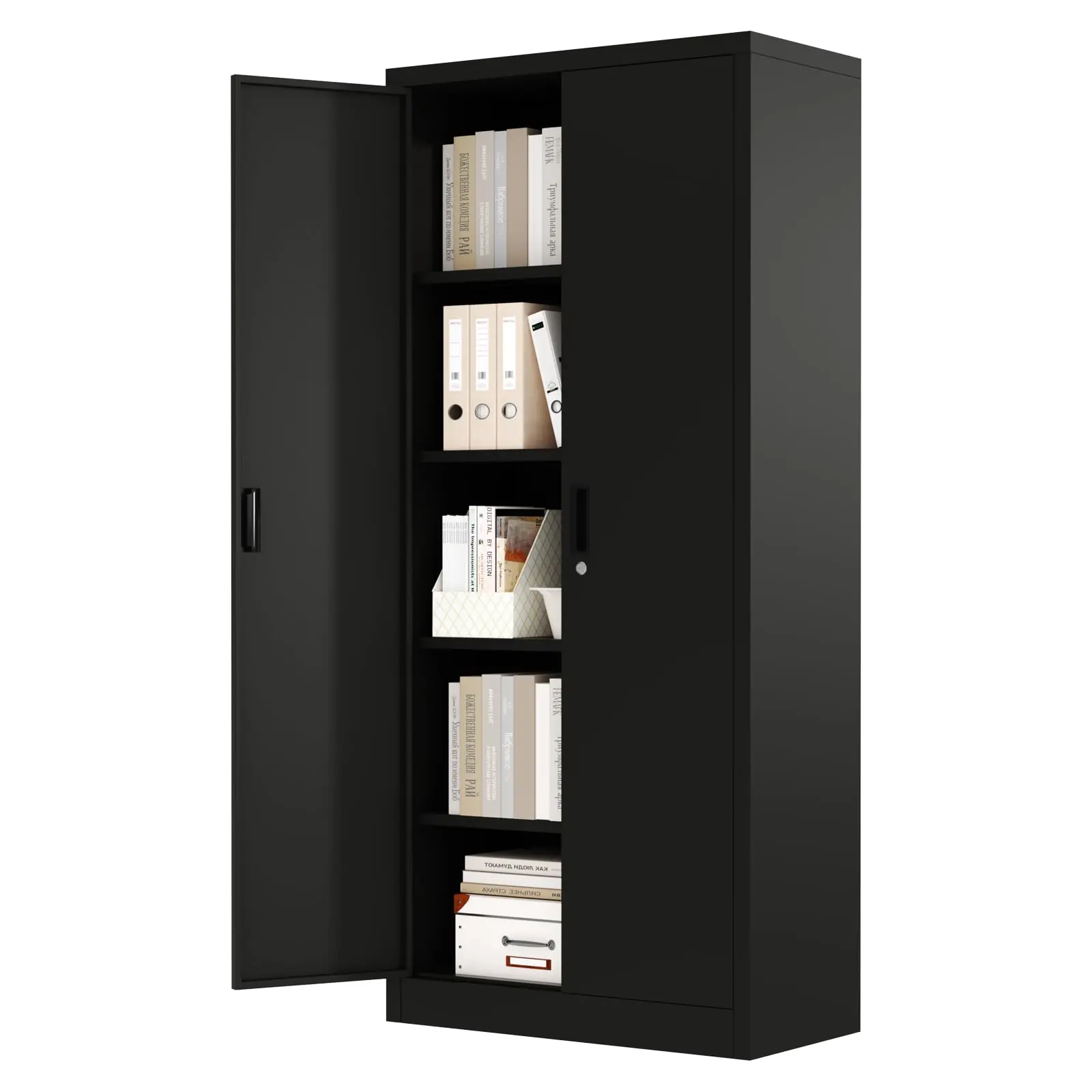 71" Heavy Duty Metal Storage Cabinet with 2 Doors & Lock, Tall Steel Organizer with 4 Adjustable Shelves & Leveling Feet, Secure Locking Storage for Garage, Pantry, Office & Craft Room, Versatile Metal Cupboard for Home & Shop, Matte Black