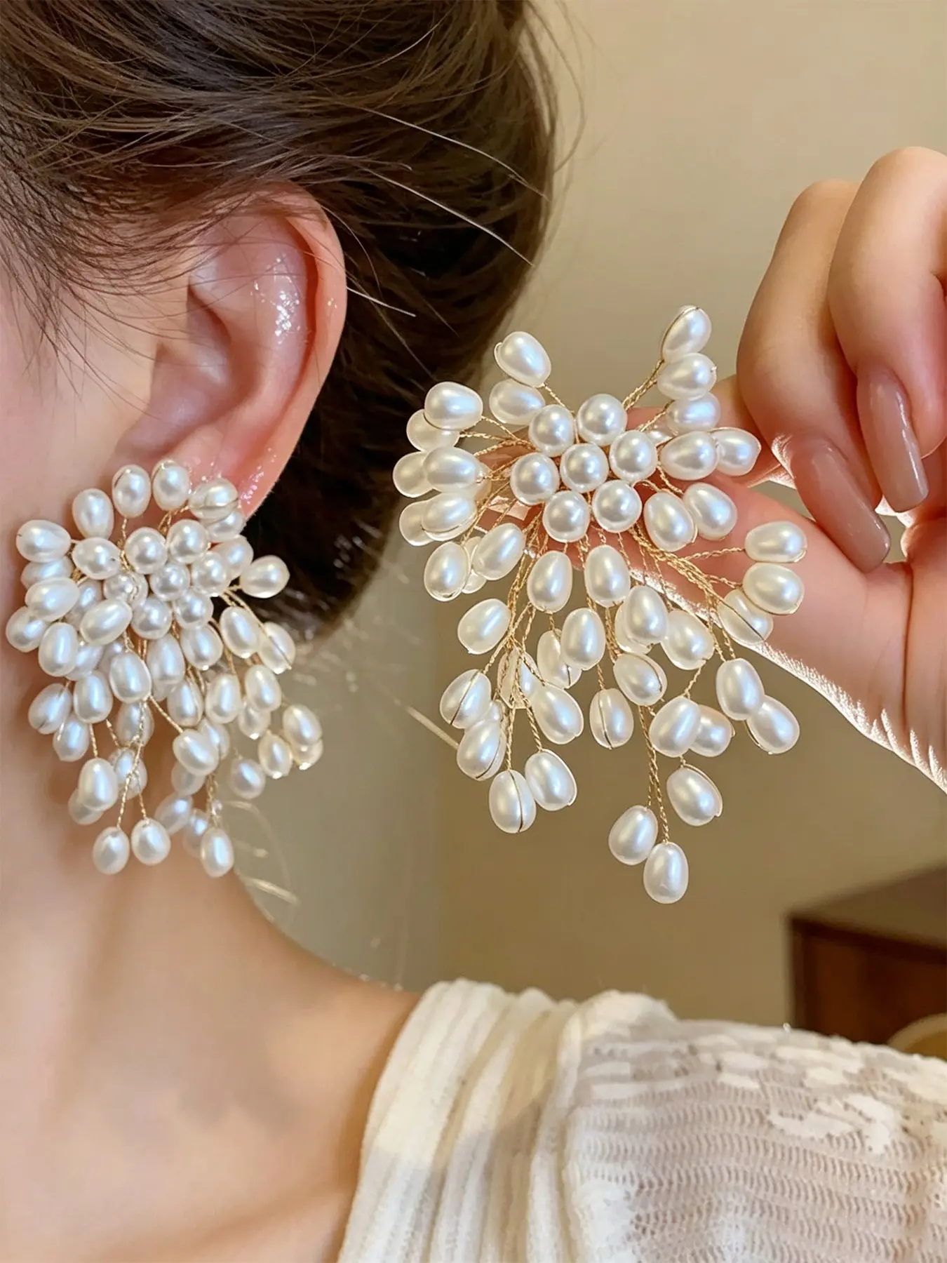1 Pair Faux Pearl Cluster Firework Dangle Earrings, Cascading Bead Tassel Drop Earrings, Beaded Earrings, Elegant Wedding Bridal Decorative Ear Accessories For Women