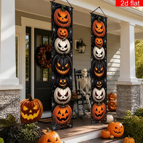 2pcs， 1 pair, Halloween couplet decoration flag, scary pumpkin element, polyester material, suitable for indoor/outdoor/outdoor garden decoration, room decoration, Halloween decoration, home decoration, Halloween decoration, bedroom decoration
