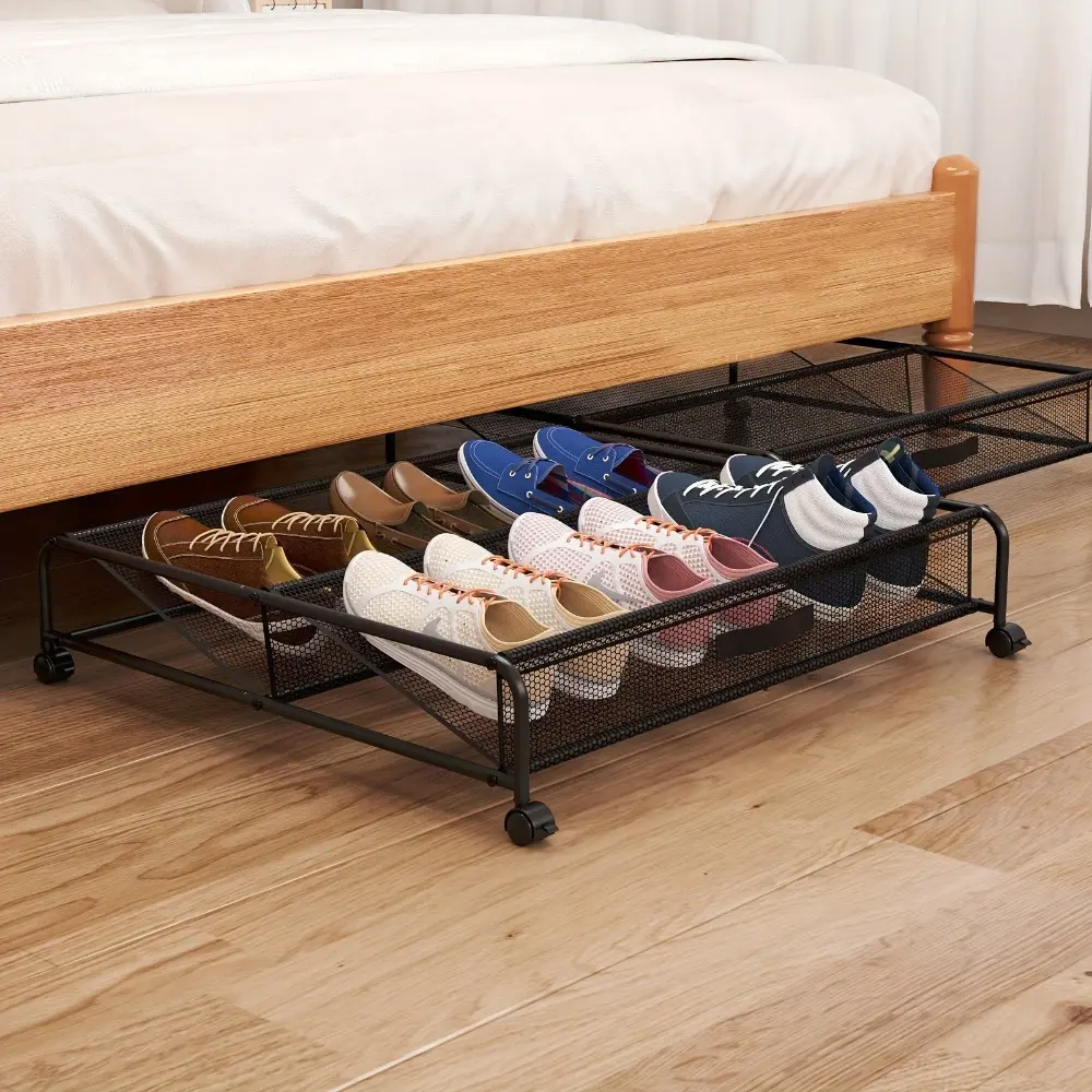 Rolling Under Bed Shoe Organizer with Wheels, Metal Shoe Storage Rack with Dustproof Mesh Cover, Space-Saving Under Bed Storage Box for Bedroom, Closet & Home Organization