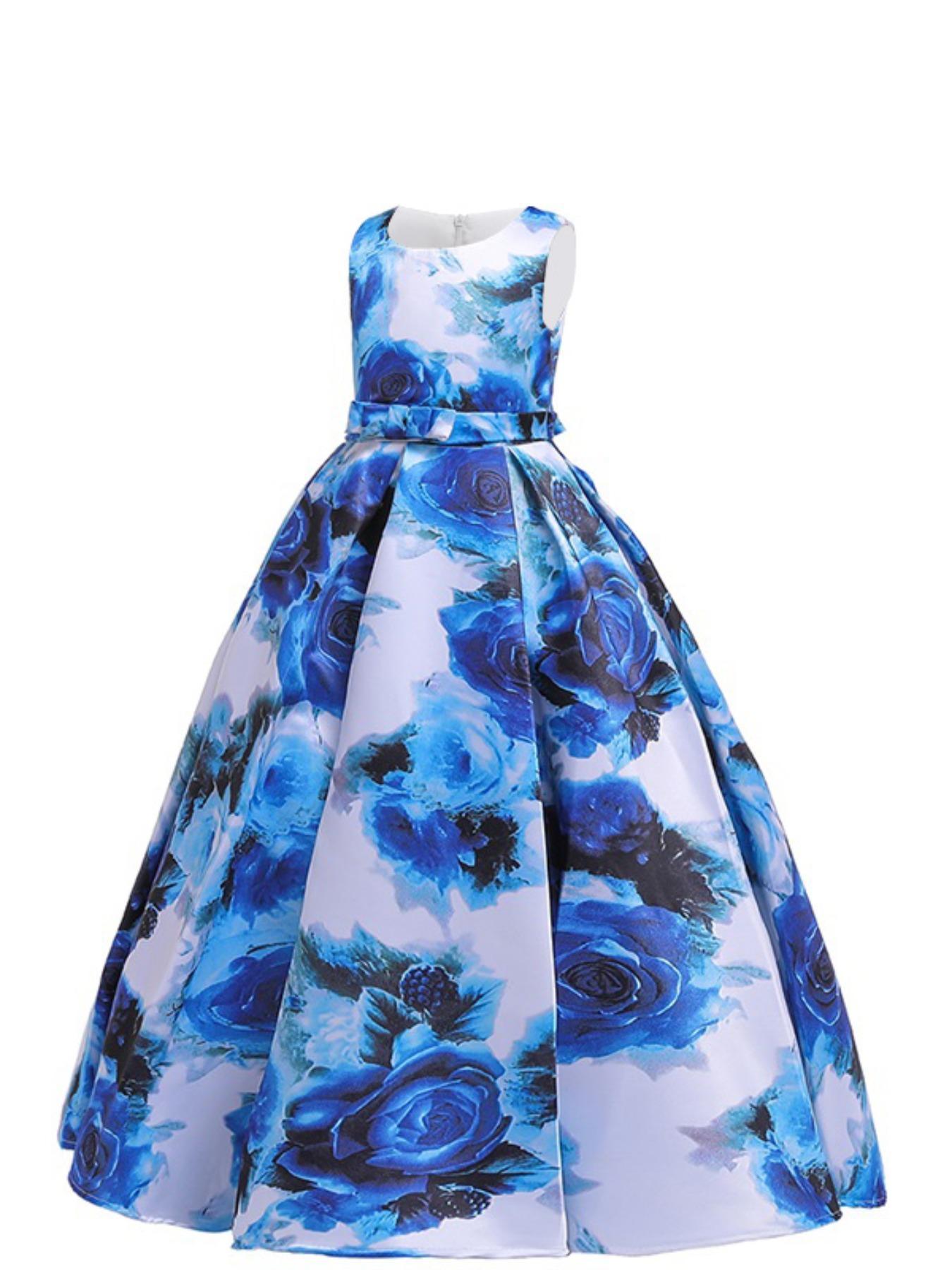 Girl's All Over Floral Print Bow Back Plicated Tank Dress, Elegant Sleeveless Round Neck Maxi Dress for Party Performance Wedding Guest, Floral Printed Dress, Kids Clothes for All Seasons