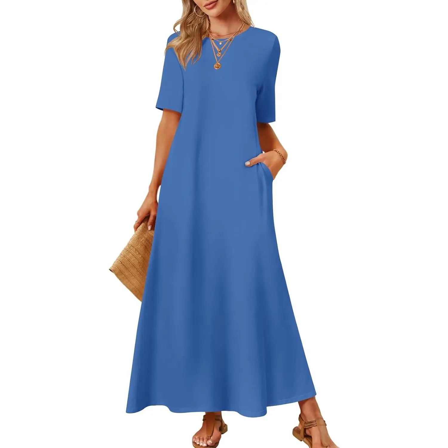 Summer Casual Maxi Dresses for Women 2026 Vacation Crew Neck Short Sleeve Modest Long T Shirt Dress with Pockets