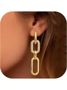 Gold Earrings for Women Convertible Hoops Earrings Huggie Earrings Long Link Chain Earrings Dangle Drop Earrings Hypoallergenic Sleeper Earrings Gold Hoops Earrings for Women Girls