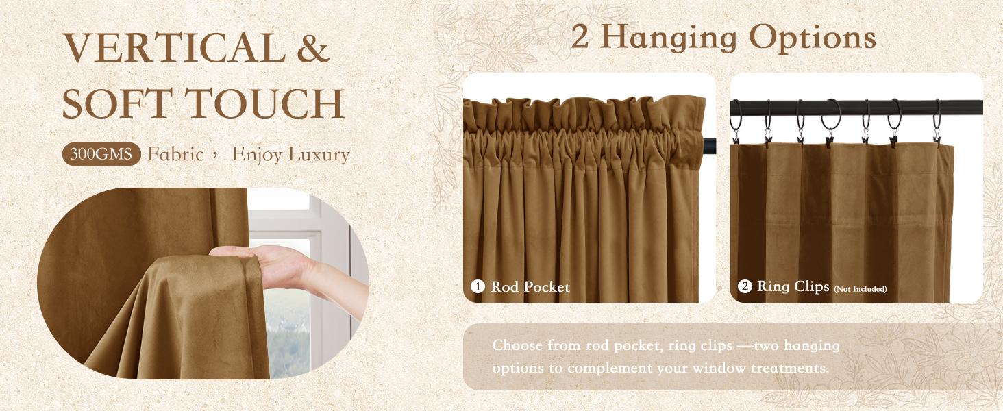 Gold Brown Velvet Curtains 96 inches for Living Room, Room Darkening Thermal Privacy Drapes for Door, Vintage Wall Backdrop for, W52 x L96, 2 Panels