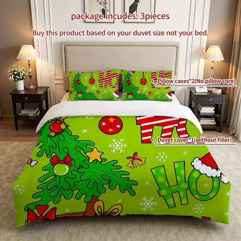 Cartoon Christmas Tree Letter Print Bedding Set, 1 Duvet Cover + 2 Pillowcases, High-Definition Printing, Home & Dormitory Bed Linen