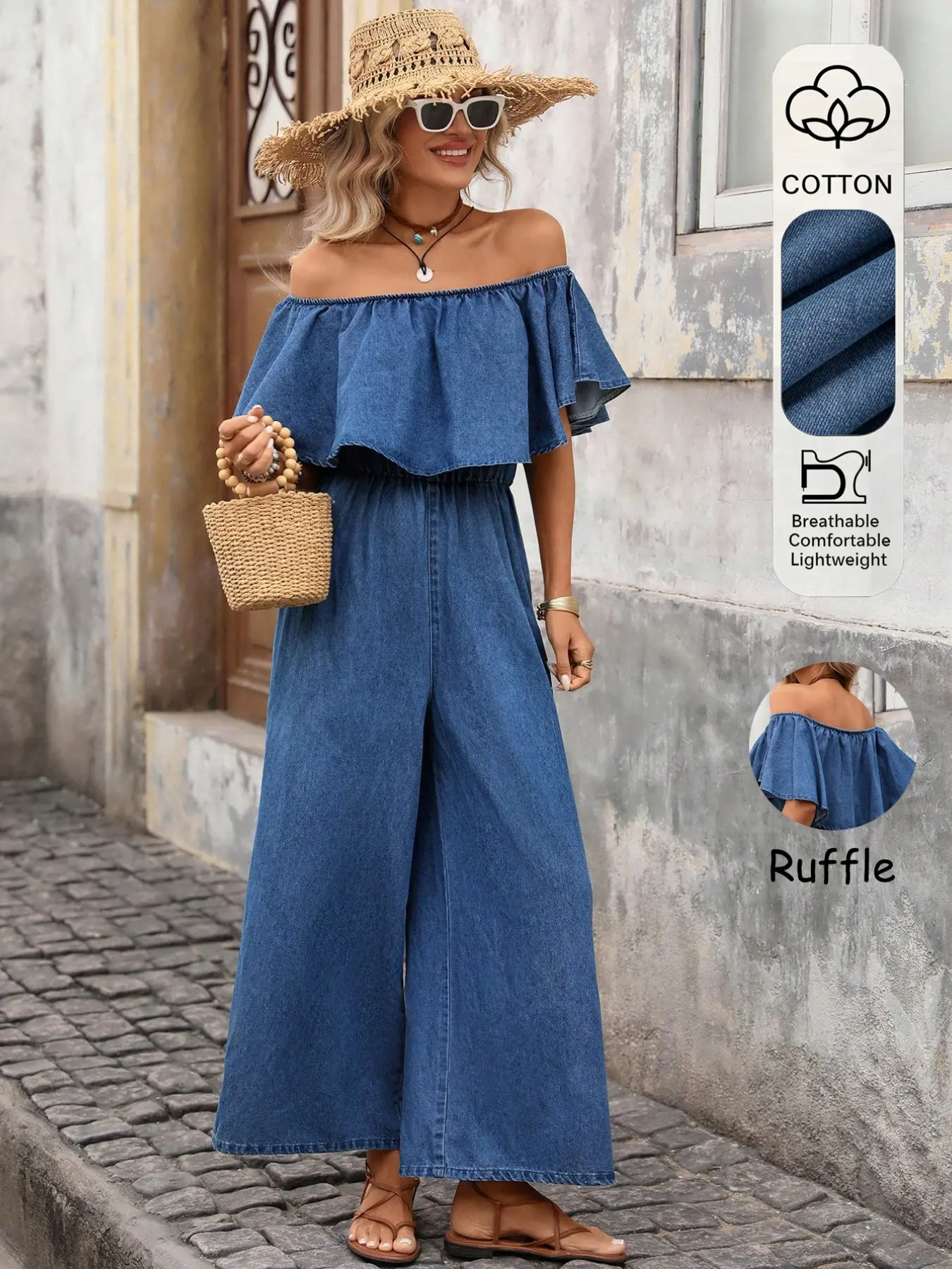 Boho Style Women's One-Shoulder Ruffle Denim Jumpsuit Overalls, Elastic Waist Wide Leg Pants, Loose Fit Casual Resort Wear, Comfortable and Stylish, Summer
