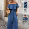Boho Style Women's One-Shoulder Ruffle Denim Jumpsuit, Jean Jumpsuit, Elastic Waist Wide Leg Pants, Loose Fit Casual Resort Wear, Comfortable and Stylish, Summer