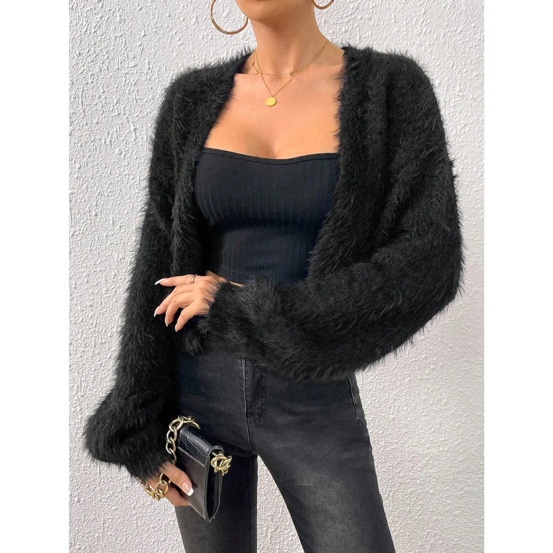 Fuzzy Crop Cardigan Long Sleeve Open Front Sweater Shrug Cardigans