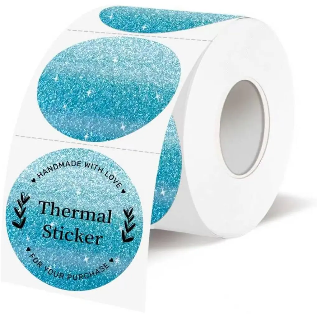 1.5 Inch Round Thermal Label Stickers, Holographic Blue Direct Thermal Label Stickers, Glitter Blue Thermal Printer Sticker Labels for  Wrapping, Self-Adhesive Custom Logo Design