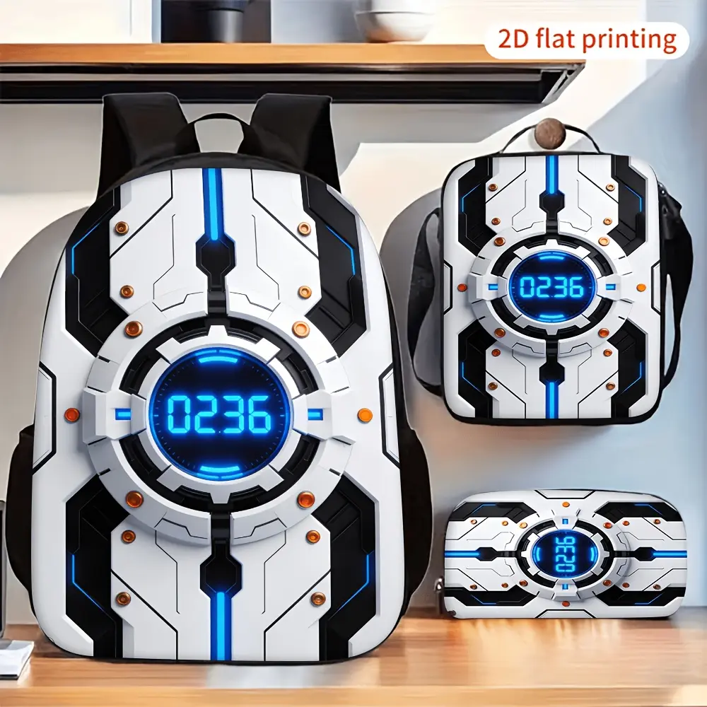 Sci-Fi Tech 3-Piece School Bag Set - Waterproof Oxford Cloth Backpack, Insulated Lunch Bag, Pencil Case with Futuristic Blue Digital Timer Panel, Lightweight for Boys Teens School Daily Use, Digital Print