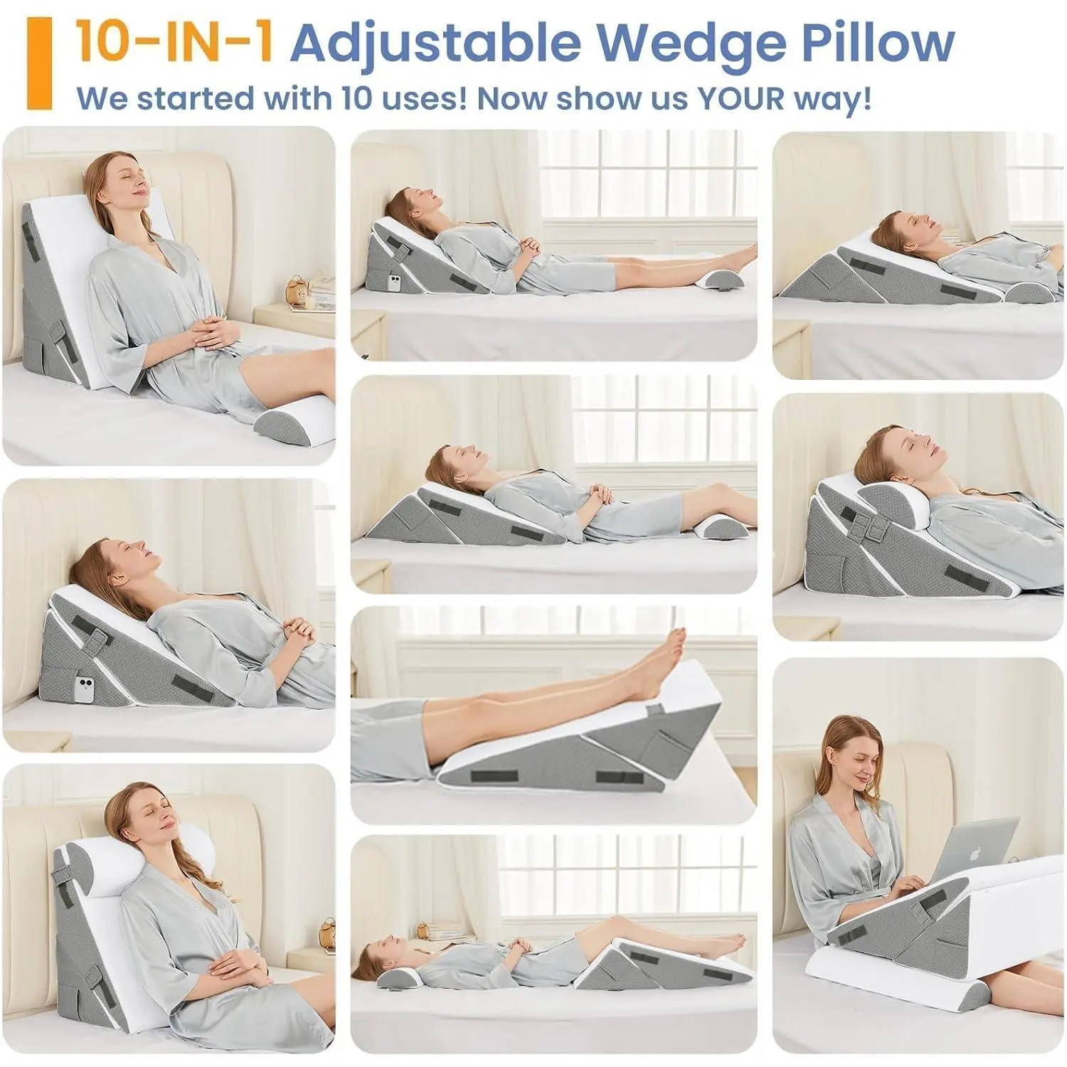 Sasttie Wedge Pillow Set for After Surgery, 2PCS Adjustable Bed Wedge Pillow Headboard with Memory Foam Neck Cushion – for Acid Reflux, Sleeping, Neck & Back Support, Dark Grey & White