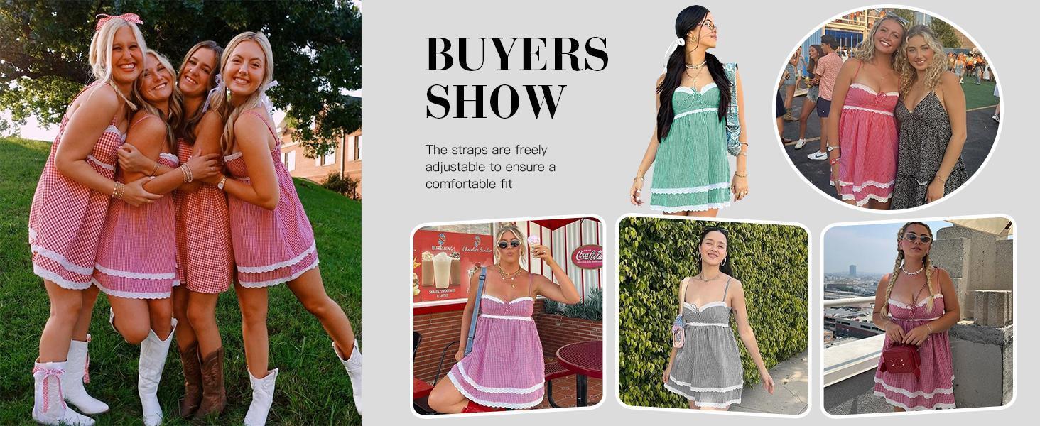 Imily Bela  Womens Cute Plaid A-line Summer Beach Dresses Spaghetti Straps Ruffle Hem Casual Mini Dress with Side Pocket