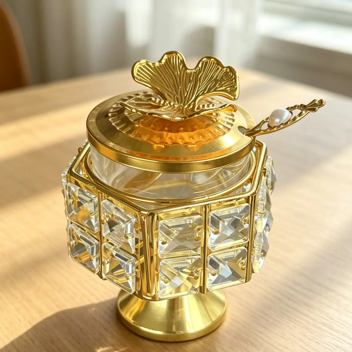 Luxury French Style Crystal Sugar Bowl, Hexagonal Rhinestone Border, Ginkgo Leaf Lid, Pearl Spoon Holder, Coffee Tea Kitchen Decor