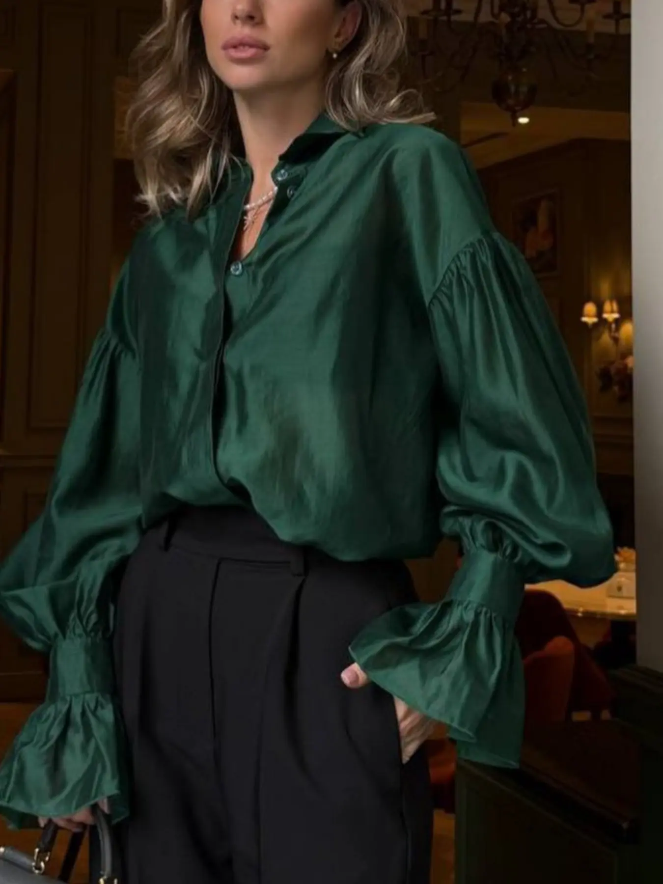 Vintage Glossy Collar Shirt, Loose Fit Lantern Sleeve, Ruffle Bell Sleeve, Commuter Style Blouse, Elegant Casual Top for Women