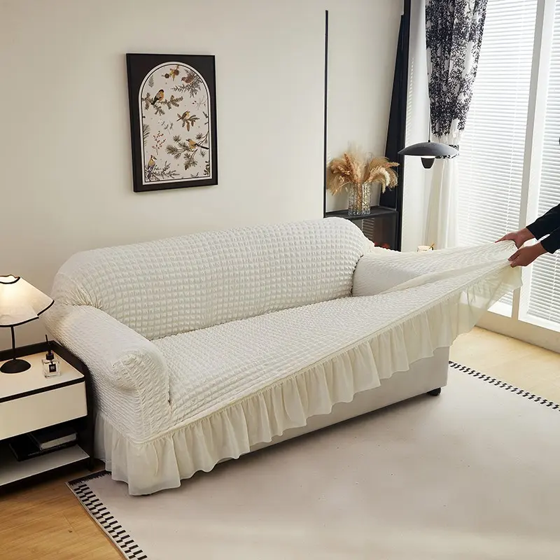 Anti-Slip Stretch Sofa Slipcover with Ruffle Skirt, Jacquard Fabric, Universal Fit 2-3 Seater Couches, Pet Friendly, Stretchable Sofa Cover